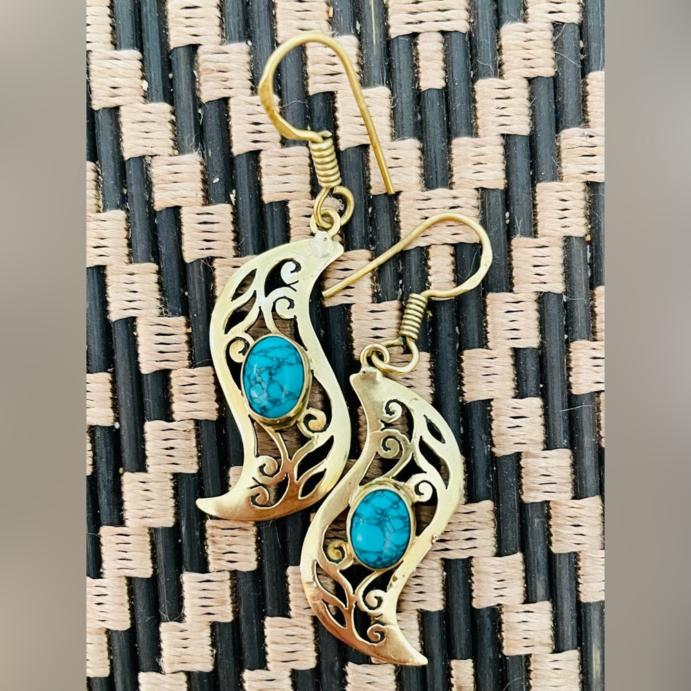 Vintage Boho Brass and Turquoise Earrings - Picture 8 of 15